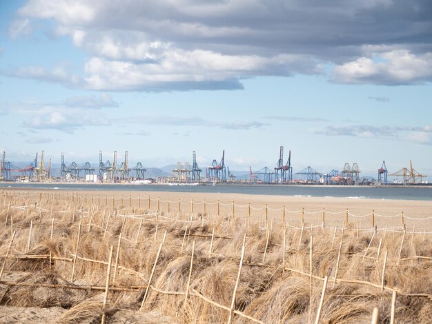 Foto spiaggia di el saler e vista sulle gru di stoccaggio di valencia