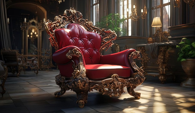 an elaborate armchair with gold details in the style of realistic hyperdetailed rendering