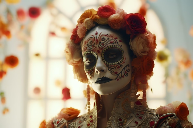 Elaborate calavera makeup with intricate floral patterns