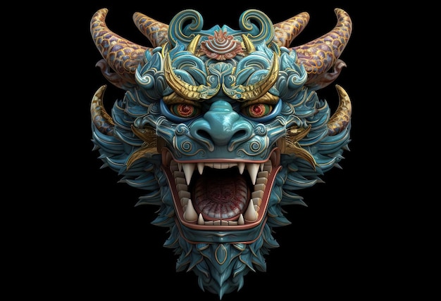 an elaborate chinese dragon head in front of a dark background