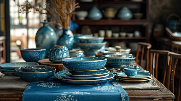 An elaborate display of blue dishes