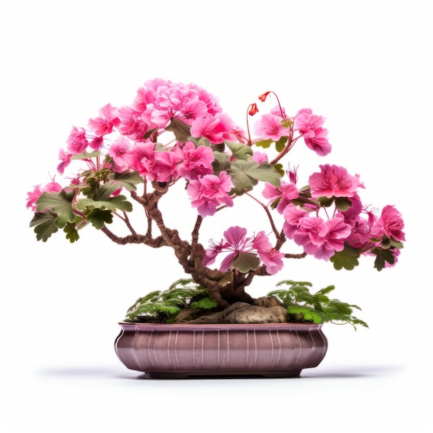 Foto l'elaborato bonsai di geranio con fiori rosa vivaci