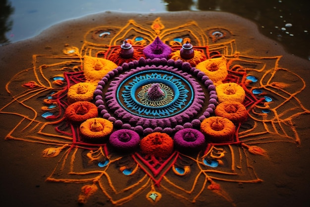 Elaborate occult mandala made of sand in vibrant saturated colors