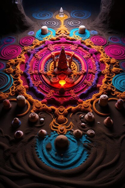 Elaborate occult mandala made of sand in vibrant saturated colors