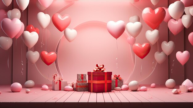 an elaborate presentation of presents and hearts with pink and white hearts flying in the air