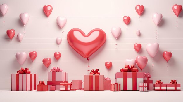 an elaborate presentation of presents and hearts with pink and white hearts flying in the air