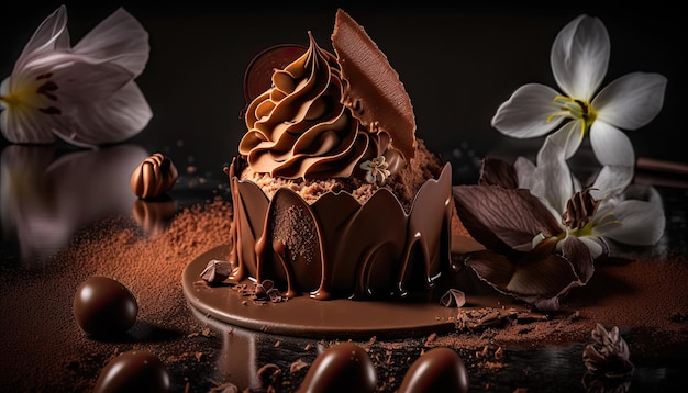 Elaborated chocolate desserts from a prestigious chef Professional food Dark background Generative AI