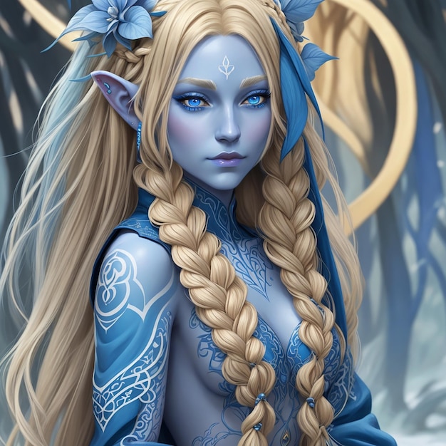 Eladrin from dnd in her spring form long blonde braid em hair with blue stripes