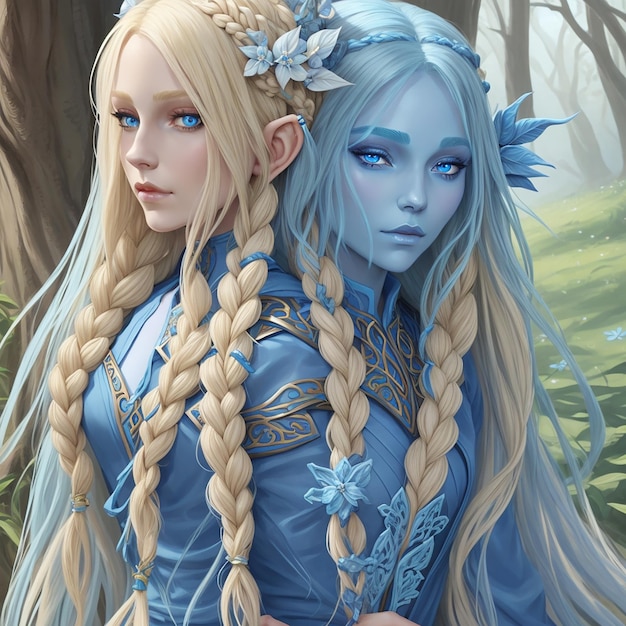 Eladrin from dnd in her spring form long blonde braid em hair with blue stripes