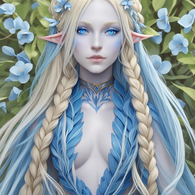 Eladrin from dnd in her spring form long blonde braid em hair with blue stripes