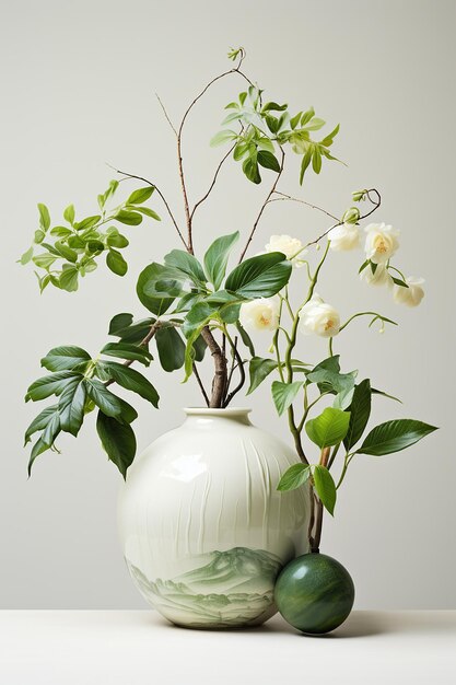 Photo elaeagnus plant in vase on white table in studio