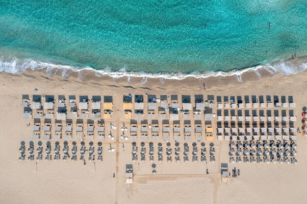 Elafonisi beach with pink sand umbrella crete greece aerial drone view of famous summer resort