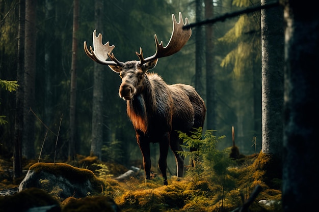 Eland in het bos Dier in de natuurlijke omgeving Portret van een eland met grote hoorns
