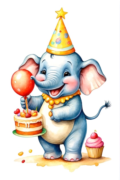 Photo elaphant watercolor animal with birthday cake cute animal with cake animal birthday celebration