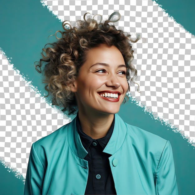 A Elated Adult woman with Curly Hair from the Scandinavian ethnicity dressed in Chemist attire poses in a Profile with Dramatic Lighting style against a Pastel Turquoise background