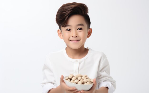 Elated Boy Relishes Cashew Bowl Treasure Isolated on a Transparent Background PNG