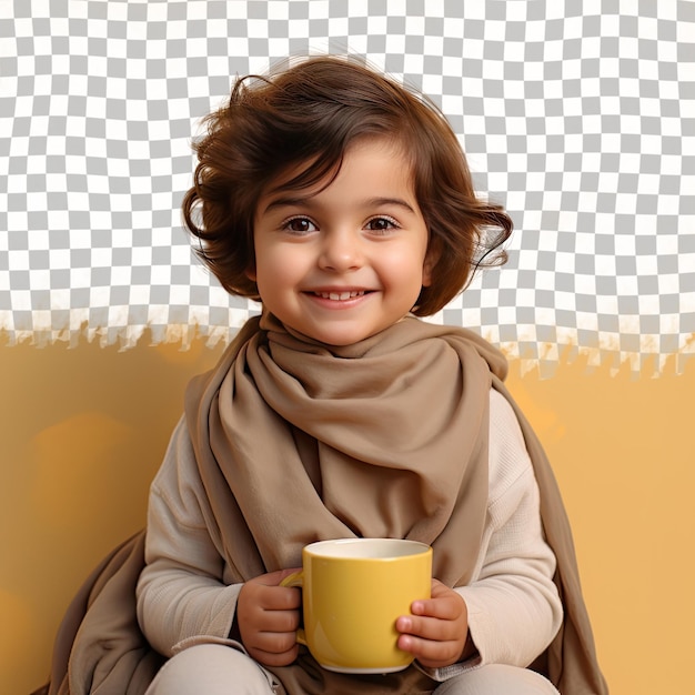 A Elated Preschooler girl with Short Hair from the Middle Eastern ethnicity dressed in Brewing coffee attire poses in a Seated with Head Resting on Hand style against a Pastel Lemon backgrou