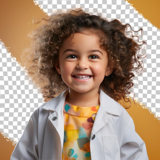 A Elated Toddler woman with Curly Hair from the West Asian ethnicity dressed in Molecular Biologist attire poses in a Eyes Closed with a Smile style against a Pastel Cream background