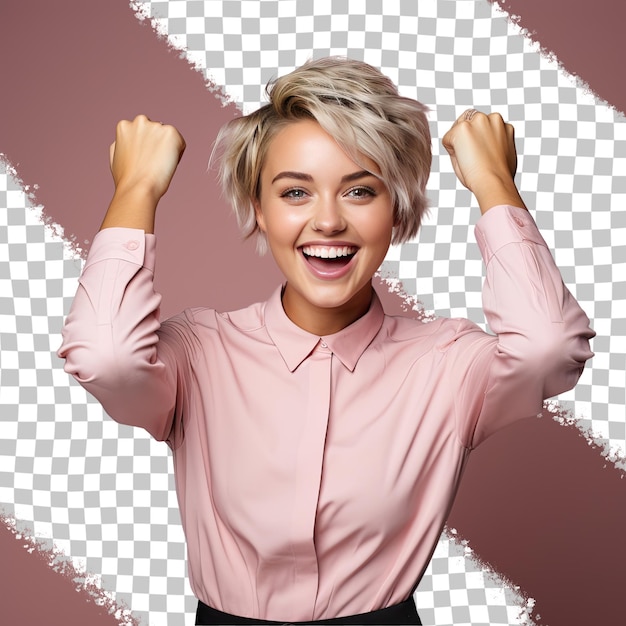 A Elated Young Adult Woman with Short Hair from the Scandinavian ethnicity dressed in Financial Advisor attire poses in a Standing with Arms Raised style against a Pastel Salmon background