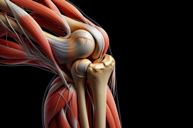 Photo elbow joint connection of bones human muscles human anatomy isolated on black background