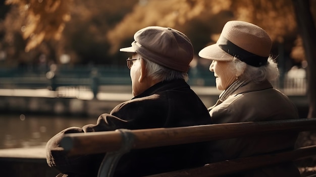 Пожилая пара сидит на скамейке, бабушка, дедушка, бабушка и дедушка любят пожилых людей Генеративный ИИ