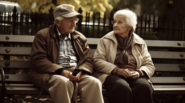 Photo elder couple sitting on a bench grandma grandpa grandparents love elderly old generative ai