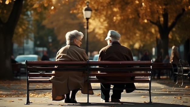 Elder couple sitting on a bench grandma grandpa grandparents love elderly old Generative AI