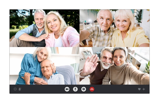 Photo elder couples talking together through a video call