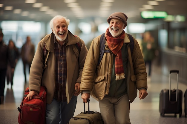 Elder friends carrying suitcases in the airport and smiling