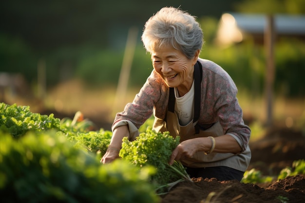 한국 의 노인 여성 이 아침 빛 을 받으며 농장 에서 농사 를 하고 있다