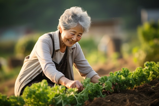사진 한국 의 노인 여성 이 아침 빛 을 받으며 농장 에서 농사 를 하고 있다