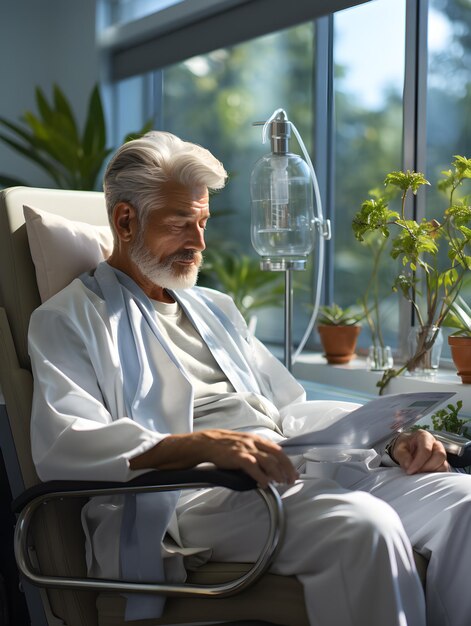 Photo an elder man in a robe reflects quietly during his iv therapy session in a bright room