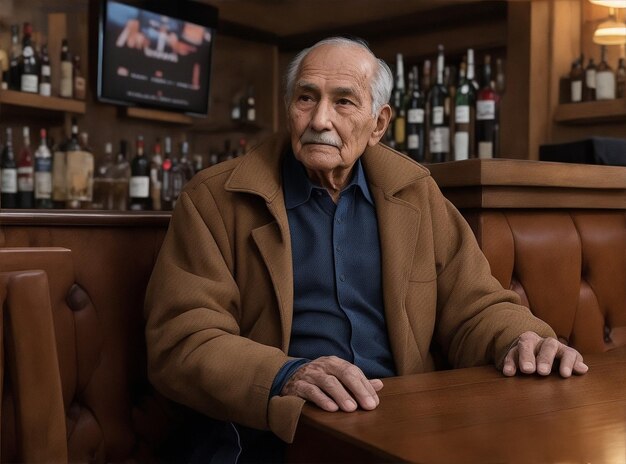 A elder man sits in a bar wearing a brown jacket and a blue shirt by Generative AI