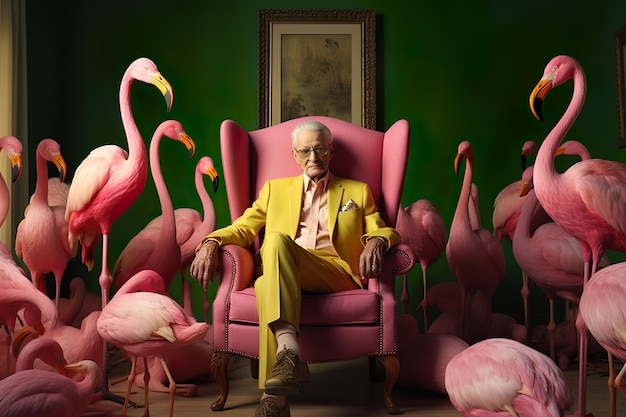 Elder man sitting surrounded by flamingos