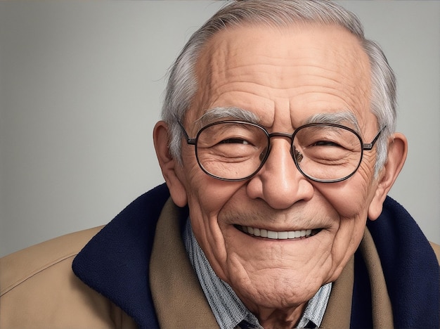 A elder man wearing glasses and a brown jacket smiles at the camera by Generative AI