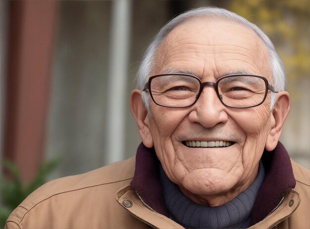 A elder man wearing glasses and a brown jacket smiles at the camera by Generative AI