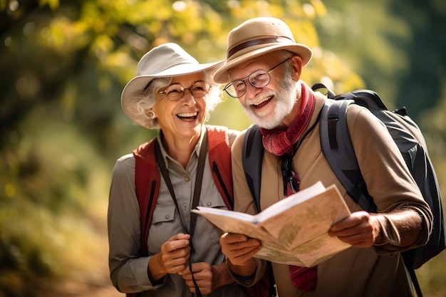 Elder people using a map during a trekking in the forest