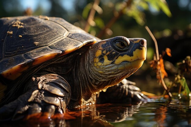 Elder turtle rests between leaves on the edge of a serene lake generative IA