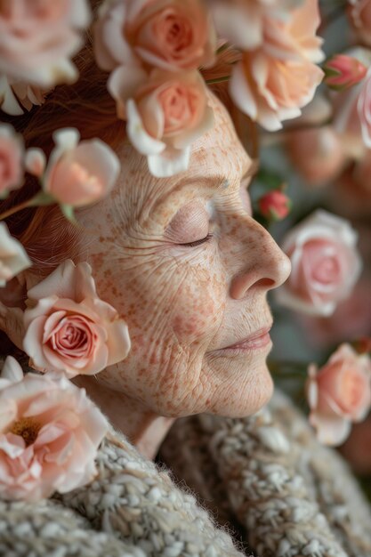 写真 花の中に休んでいる年配の女性