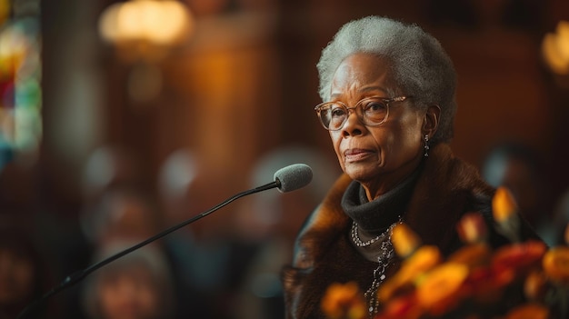 Elder Woman Speaking at Church Funeral Service