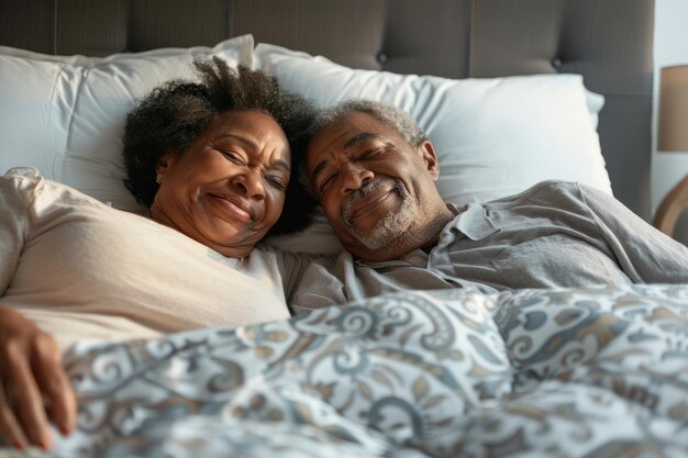 Photo an elderly african american couple wife and husband lying together in bed at home they are