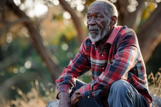 An elderly African American man living an active lifestyle is engaged in outdoor fitness