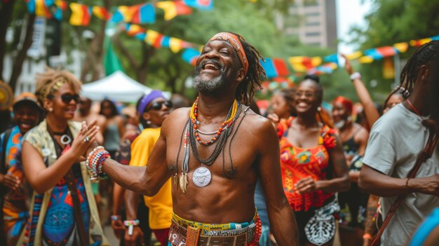 アフリカ系アメリカ人の年配の男性が活気のある文化的なストリートイベントで広々と笑顔で祝っています