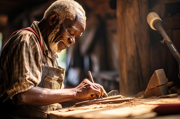 An elderly african american man works in a workshop