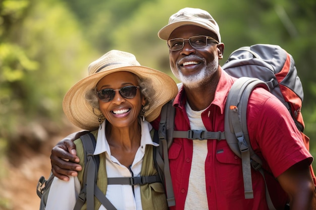 Elderly African American tourists on vacation on a hike with backpacks