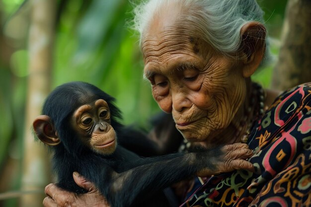 色とりどりのシャツを着た年配のアフリカ系アメリカ人女性が自然とのつながりと野生生物への愛を象徴するぼやけた緑の自然の背景でチンパンジーを愛して抱きしめています