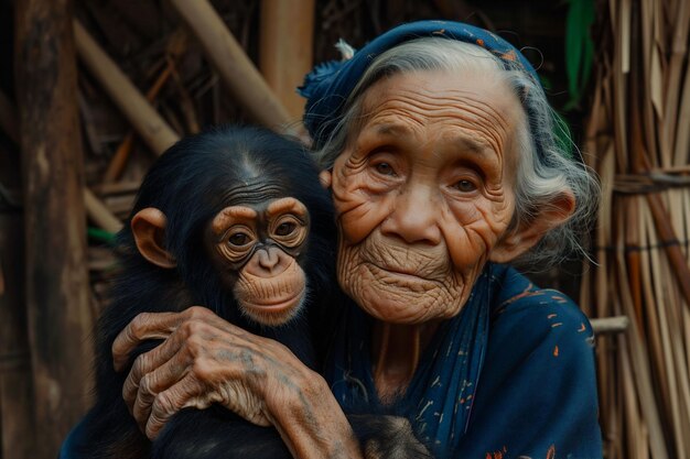 An elderly African American woman is holding and hugging a black chimpanzee on a brown nature background Used for wildlife companionship in old age and conservation efforts