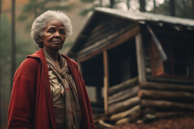 Elderly African American woman standing near a rustic cabin in the woods