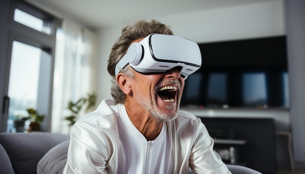 Elderly amazed happy grayhaired mustache bearded man 50s having fun with VR glasses for gaming