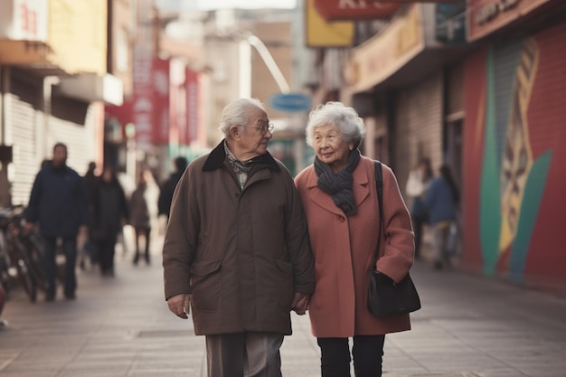 Elderly asian couple in color wear walks he street generative ai